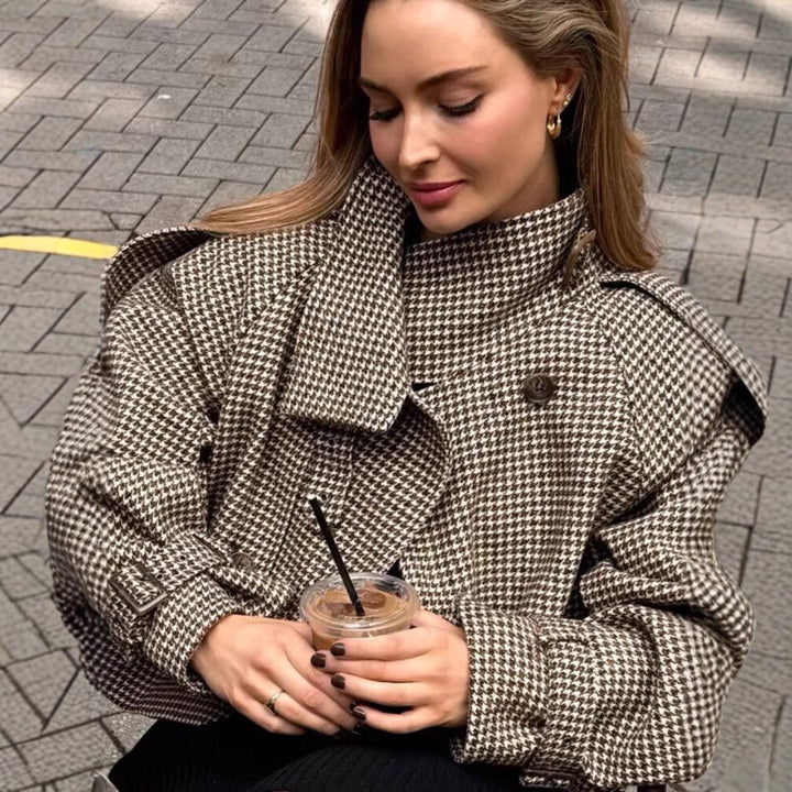 Women's Oversize Houndstooth Coat with Cape Detail, High Stand Collar and Adjustable Cuffs Amarae