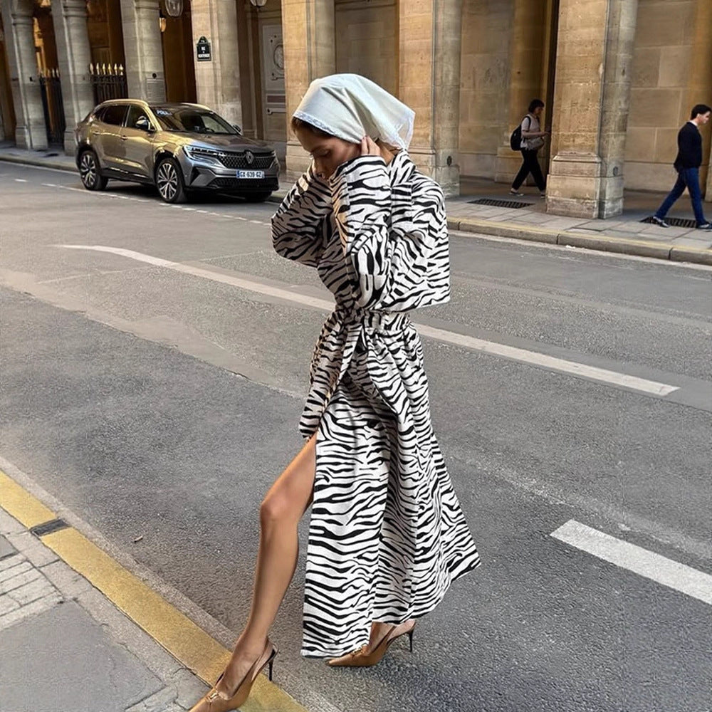 Women's Maxilength Trench Coat in Animal Print with Voluminous Shawl Collar, Tied Belt and Boxy Silhouette Amarae