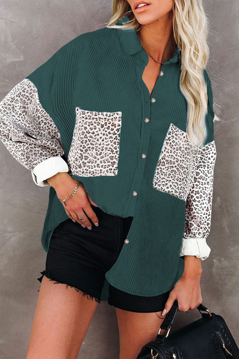 Ladies oversized shirt blouse with textured fabric and leopard print inserts Amarae
