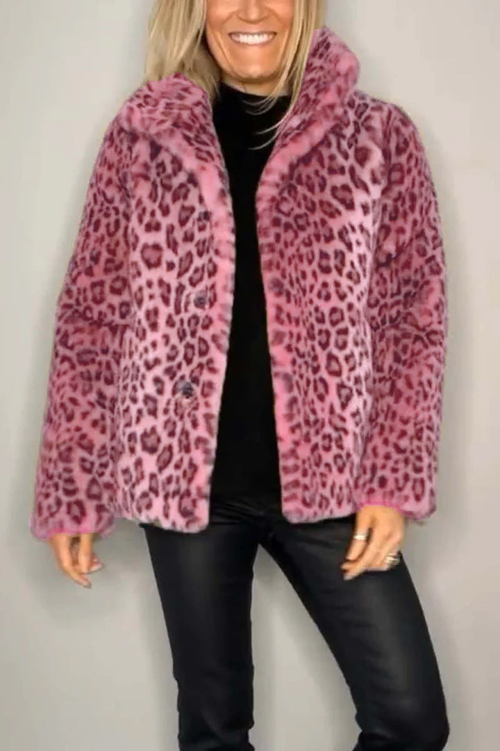 Ladies Leopard Print Faux Fur Jacket with High Collar Lune London
