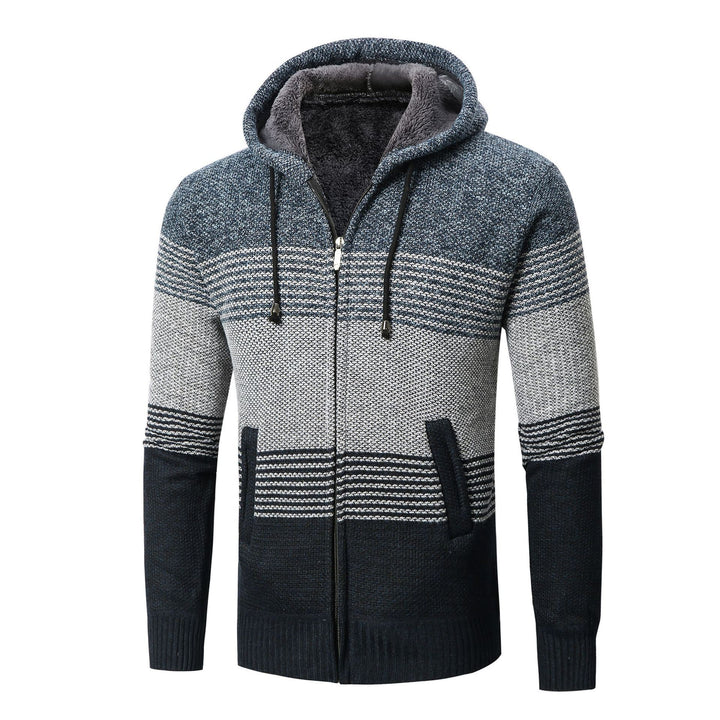 Men's knitted jacket with hood and modern stripes