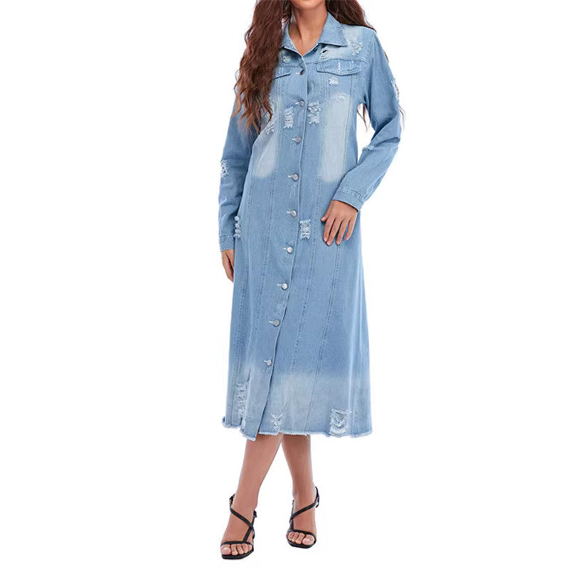 Women's denim jacket in a long casual style with distressed details Lune London