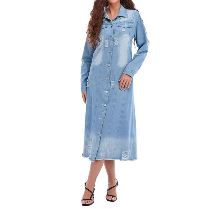 Women's denim jacket in a long casual style with distressed details Lune London
