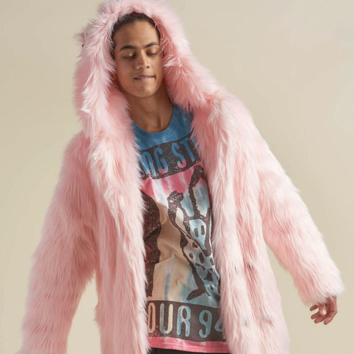 Women's Longer Hooded Faux Fur Coat with Animal Ears and Fluffy High Pile Amarae