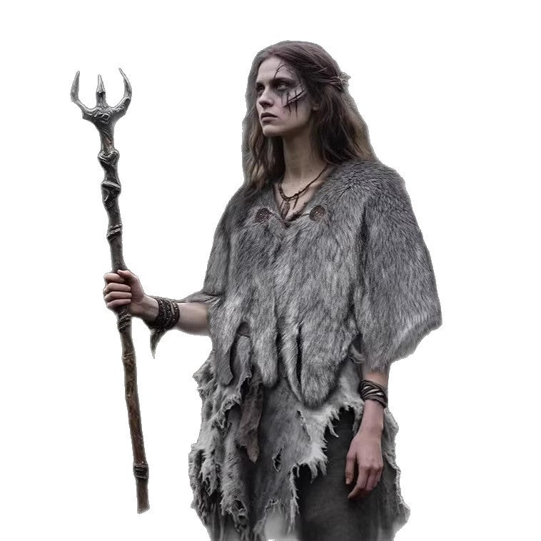 Ladies Viking-inspired Faux-Fur Cape with rustic fringe look and shoulder drape Amarae
