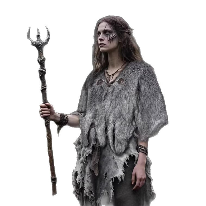 Ladies Viking-inspired Faux-Fur Cape with rustic fringe look and shoulder drape Amarae
