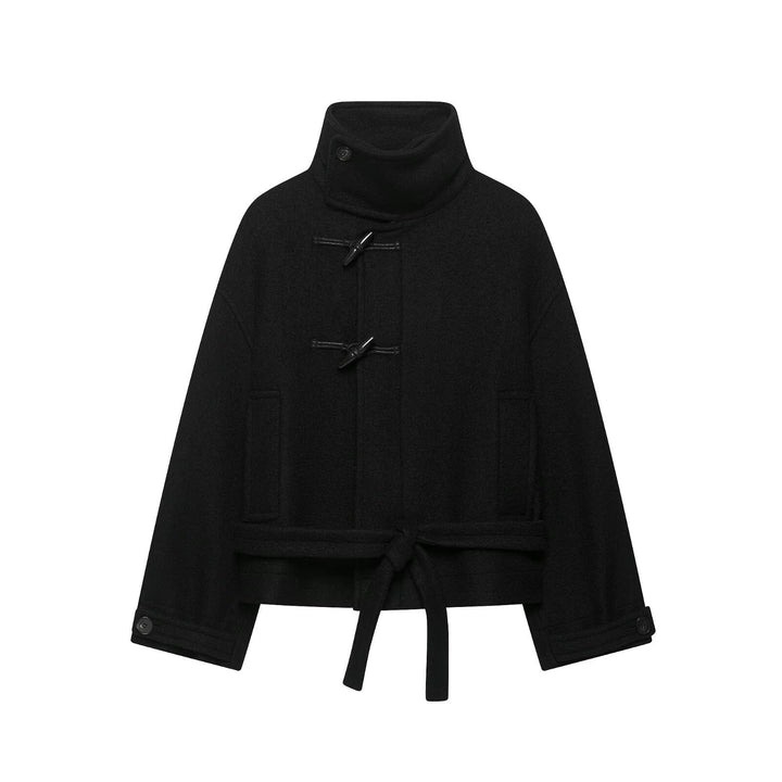 Women Short Duffle Cape Jacket with Stand-up Collar, Toggle Closures and Waist Belt Amarae