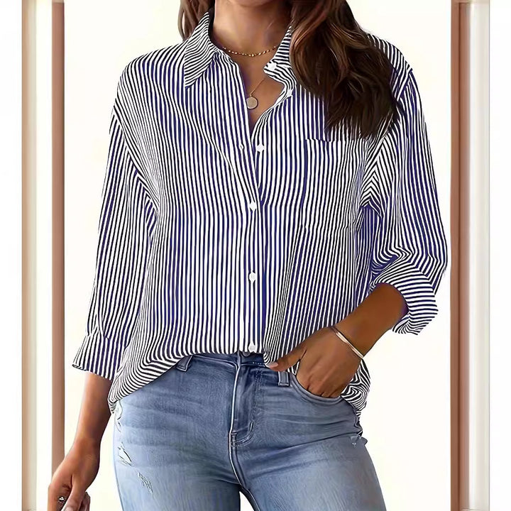 Long sleeve blouse for women with fine stripes and chest pocket Lune London
