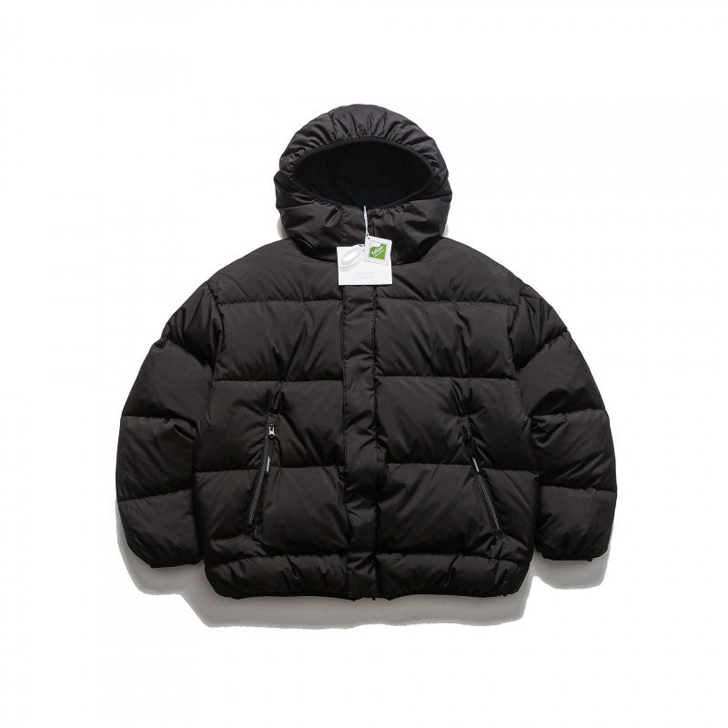 Unisex Short Boxy Puffer Jacket with Oversized Hood, Concealed Front Placket and Zipper Pockets Amarae