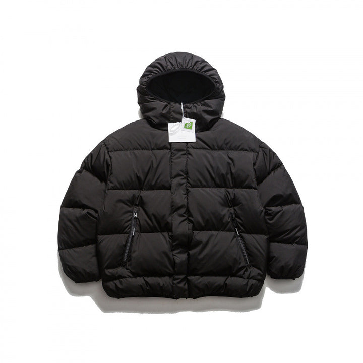 Unisex Short Boxy Puffer Jacket with Oversized Hood, Concealed Front Placket and Zipper Pockets Amarae