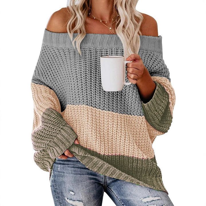 Casual chunky knit sweater for women with off-shoulder design and decorative color combination Lune London