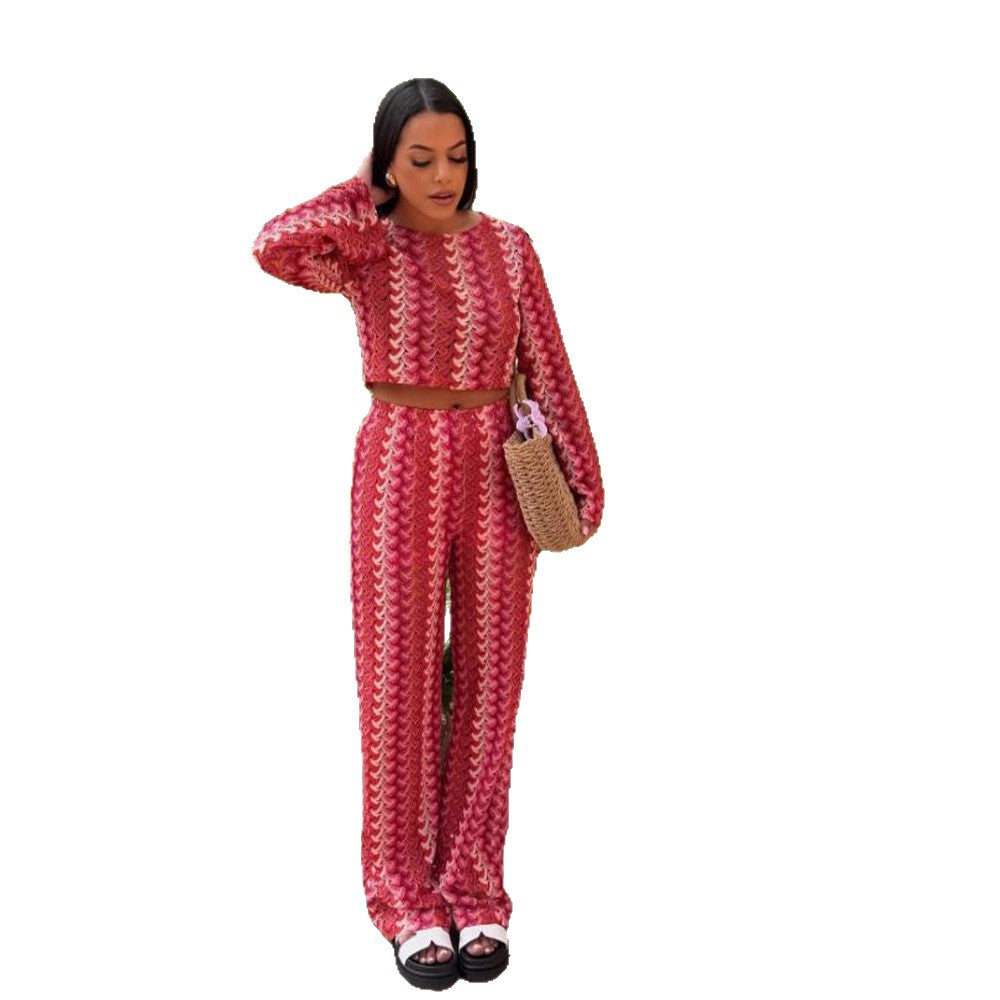Women's Crocheted Two-Piece Lounge Set with Short Sweater and High-Waisted Palazzo Pants Amarae