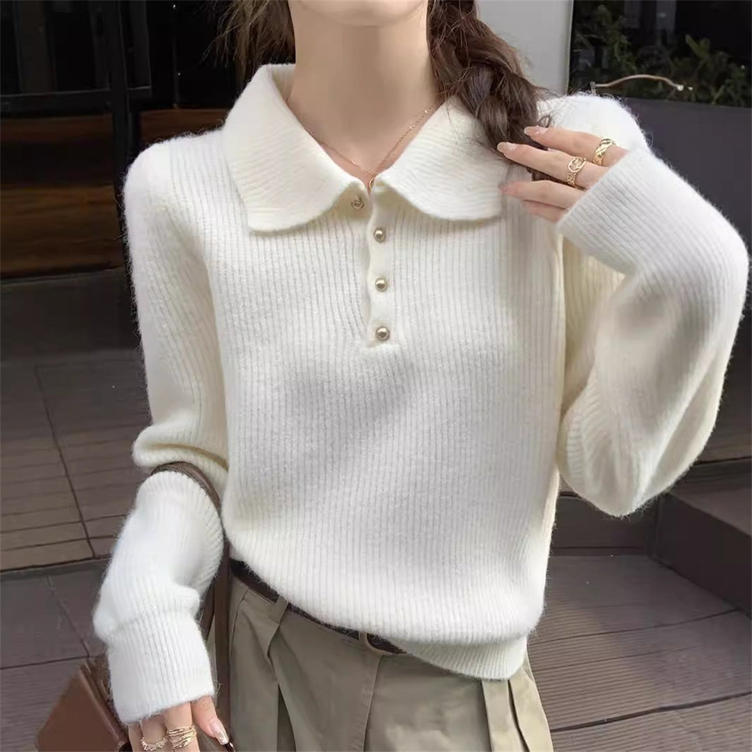 Pull élégant à col polo pour femmes en drap tricot doux