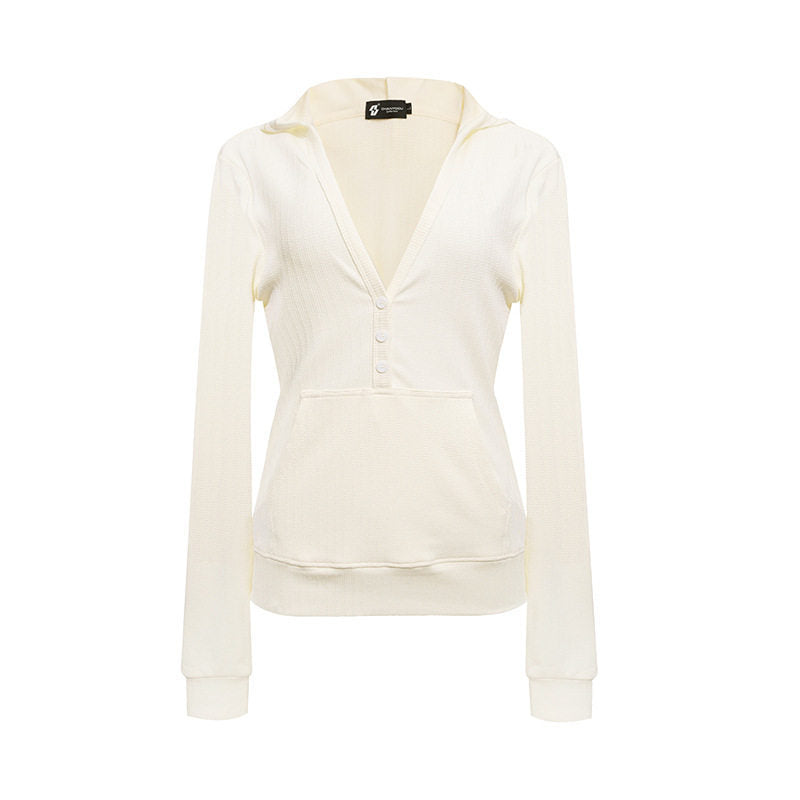 Ladies Thermo Waffle Knit Hooded Pullover with Henley Button Placket and Kangaroo Pocket Amarae