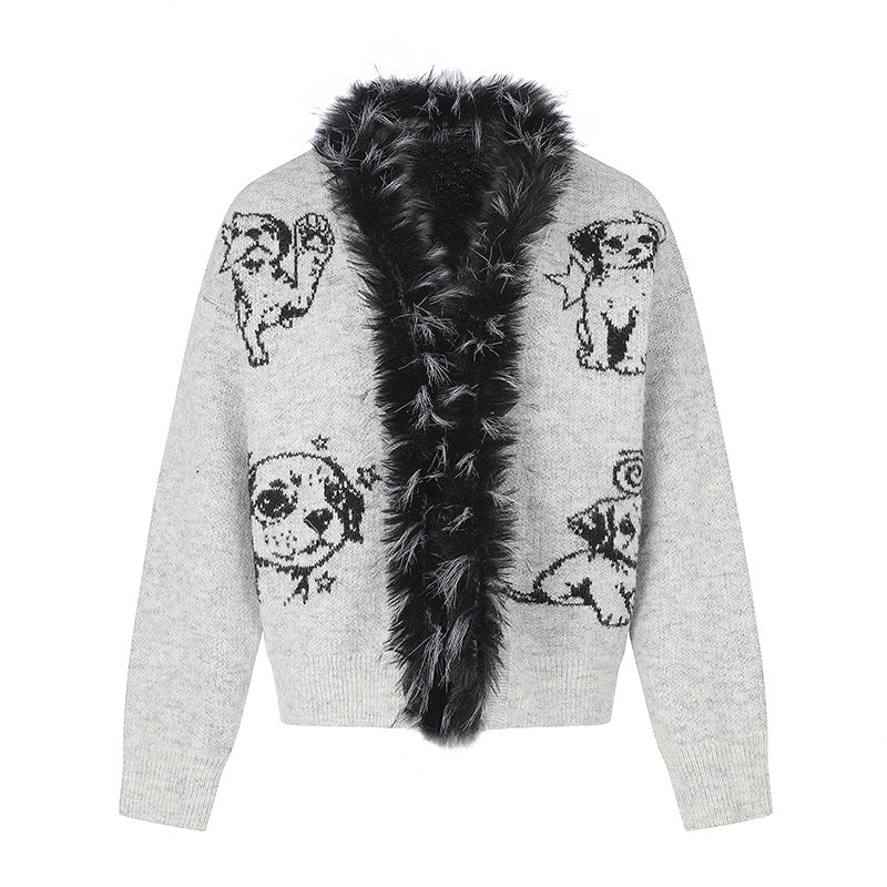 Women's cardigan with faux fur collar and illustrative dog motif Amarae