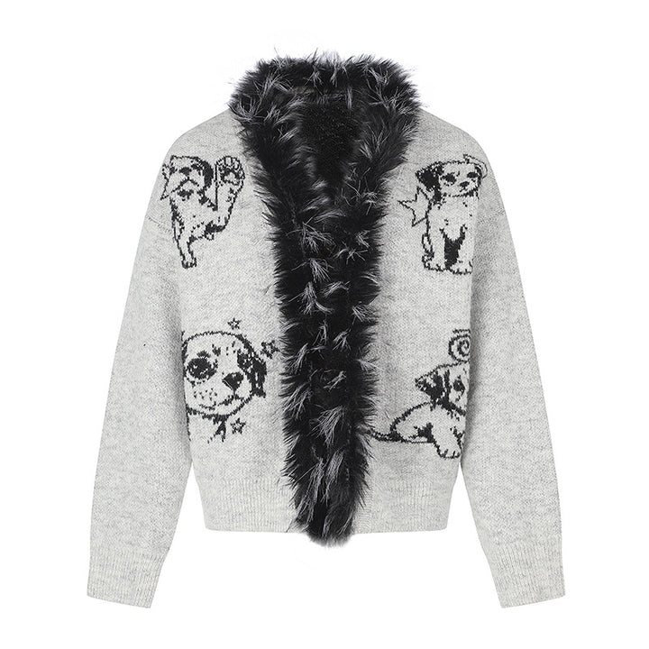 Women's cardigan with faux fur collar and illustrative dog motif Amarae