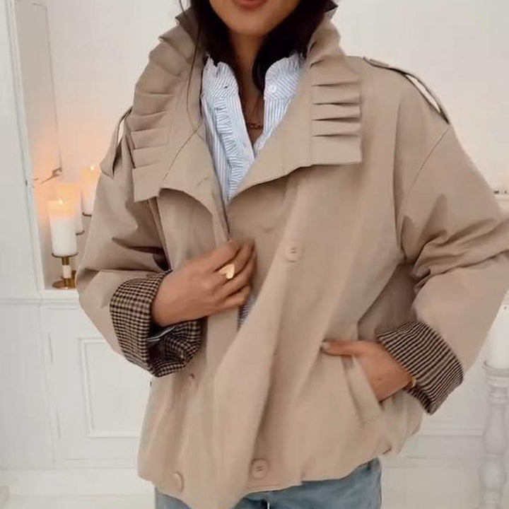 Women's Short Cut Boxy Utility Jacket with Pleated Collar and Check Inner Cuffs Amarae