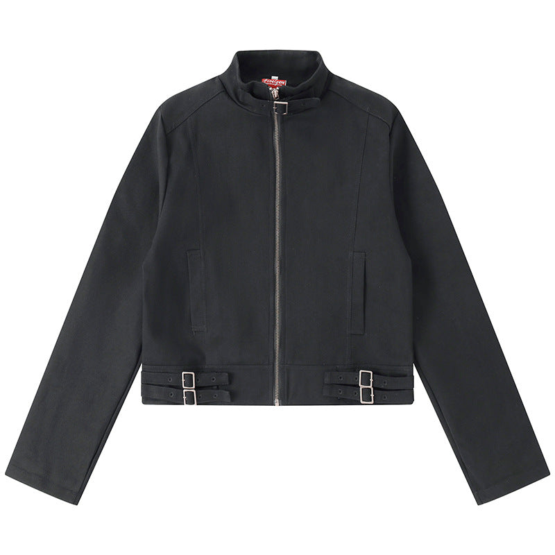 Women's Short Cut Cotton Utility Jacket with Stand-Up Collar Front Zip and Adjustable Waist Straps Amarae