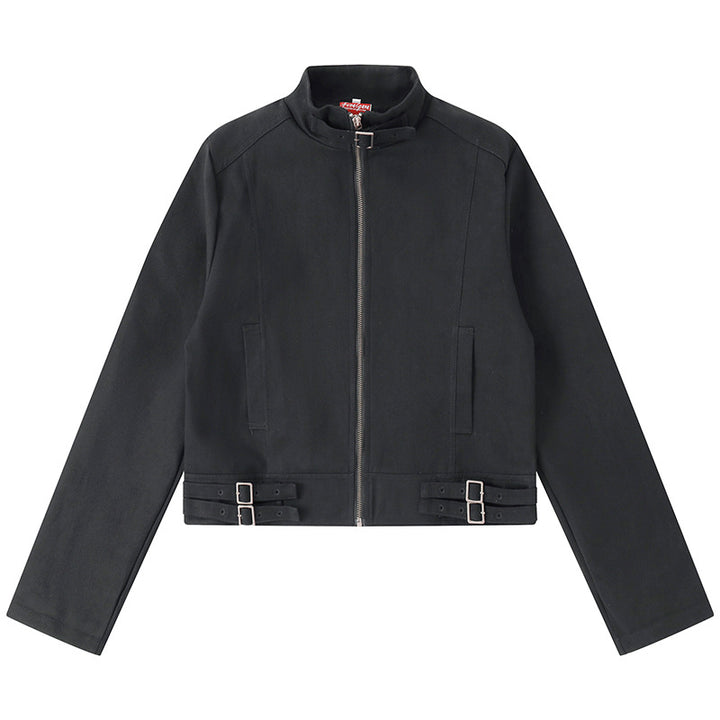Women's Short Cut Cotton Utility Jacket with Stand-Up Collar Front Zip and Adjustable Waist Straps Amarae