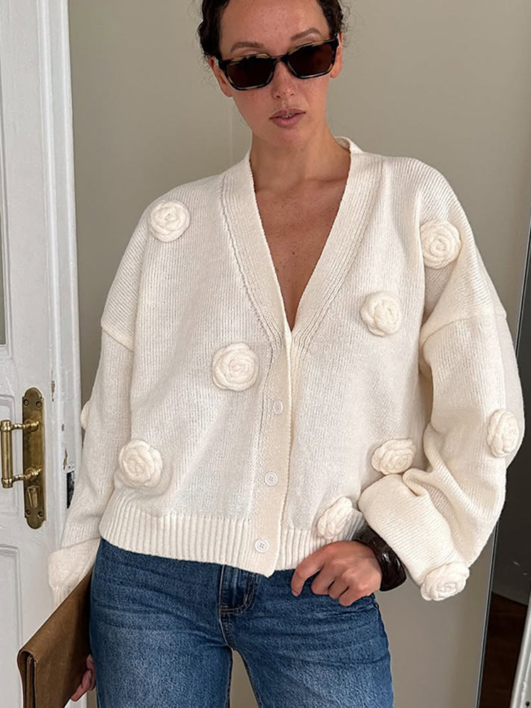 Women's Oversized Knit Cardigan with Three-Dimensional Rose Appliqués and V-Neck Amarae