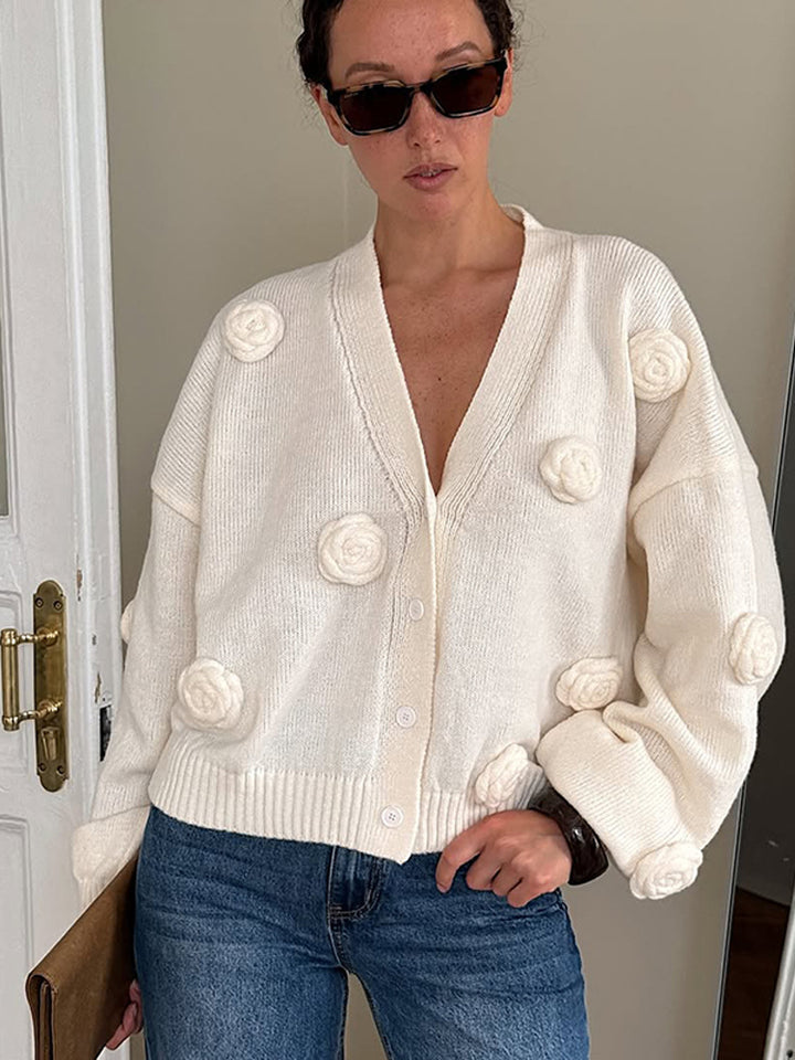 Women's Oversized Knit Cardigan with Three-Dimensional Rose Appliqués and V-Neck Amarae