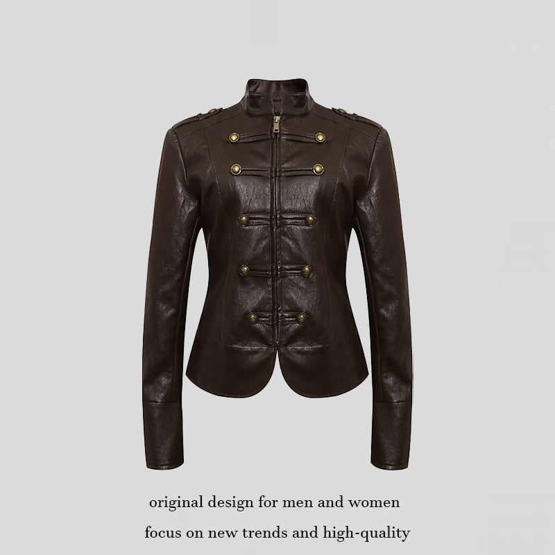 Women’s fitted leather jacket in military style with stand-up collar and decorative button placket Amarae