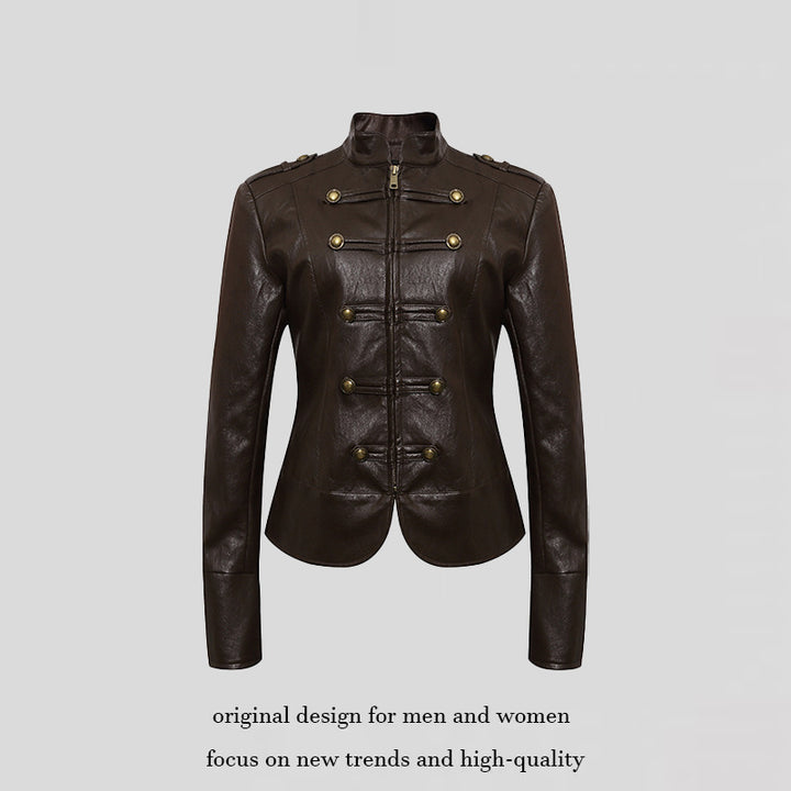Women’s fitted leather jacket in military style with stand-up collar and decorative button placket Amarae