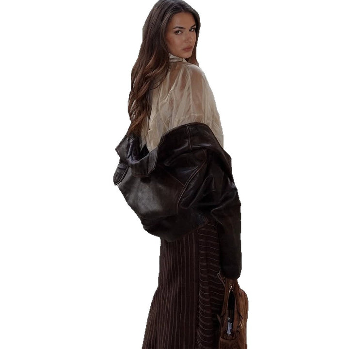 Women's Silk-Shiny V-Neck Blouse with Hood Detail & Voluminous Sleeves Amarae