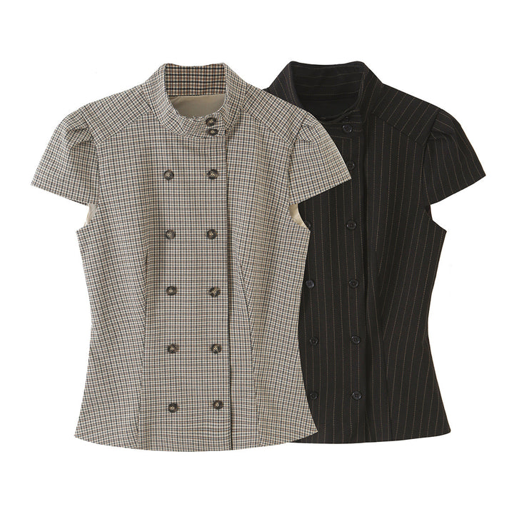 Women Tailored Short Sleeve Waistcoat with Pinstripes and Double Button Placket Amarae