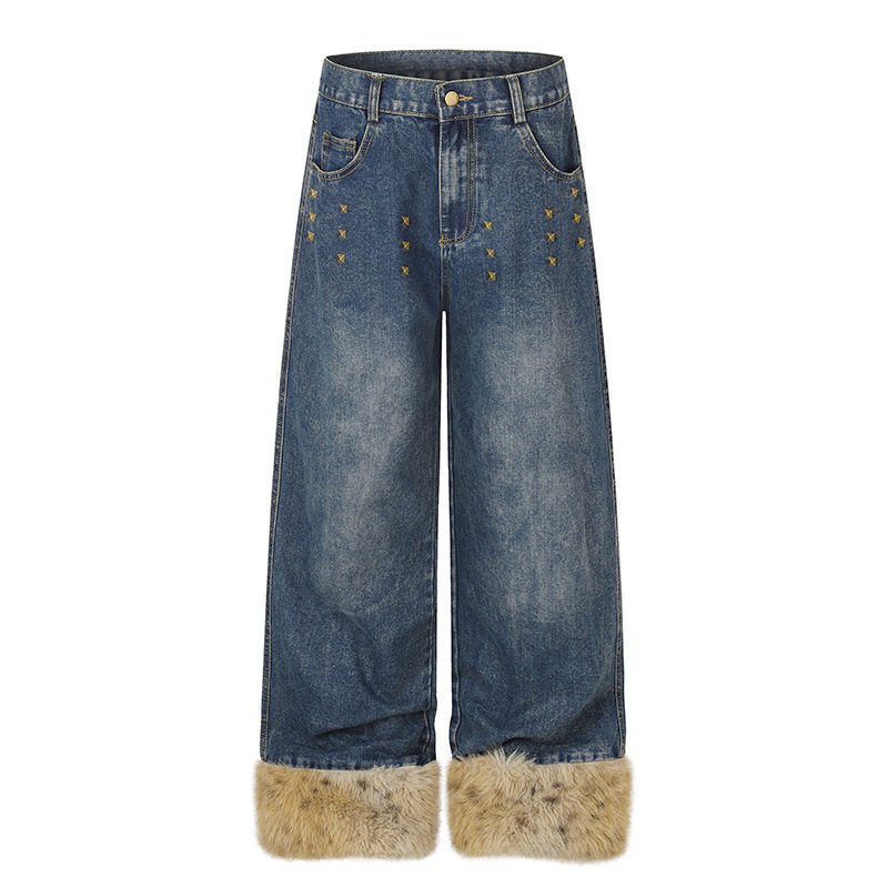 Women's Wide Denim Palazzo Jeans with Fur Cuffs and Studs Amarae