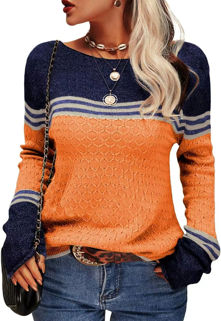 Pull tricoté décontracté pour femmes avec des blocs de couleur contrastants et une texture unique Chic & Stil