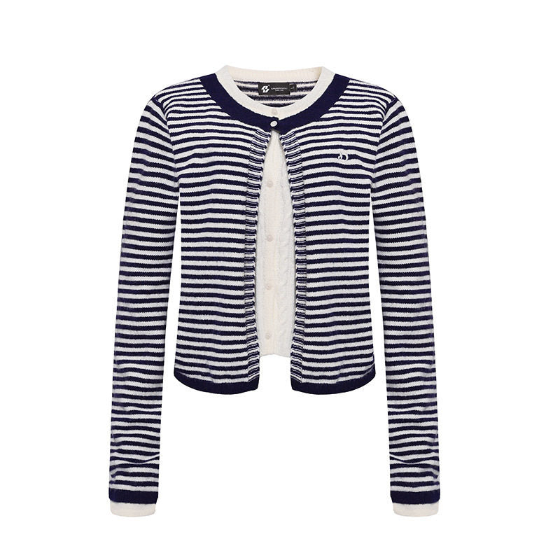 Women's Short Layered Cardigan with Round Neck and Fine Stripes Amarae