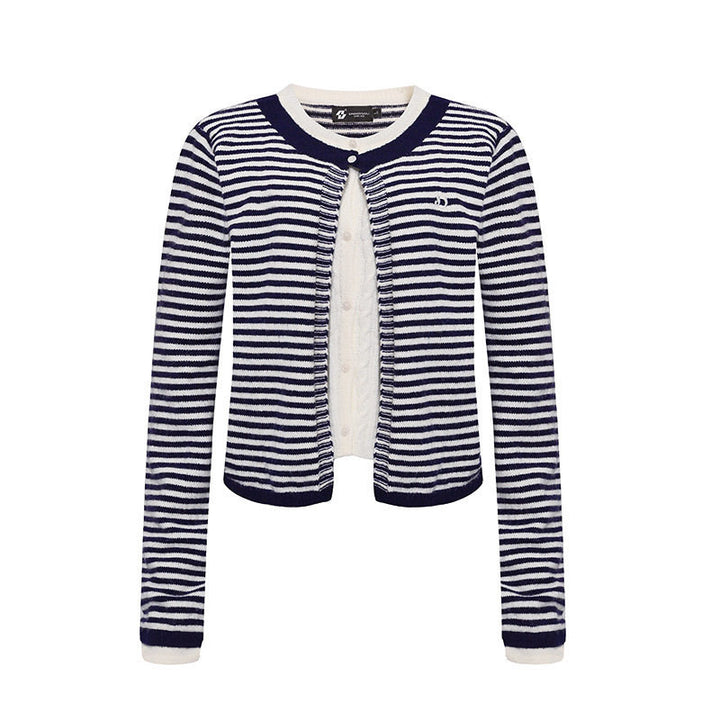 Women's Short Layered Cardigan with Round Neck and Fine Stripes Amarae
