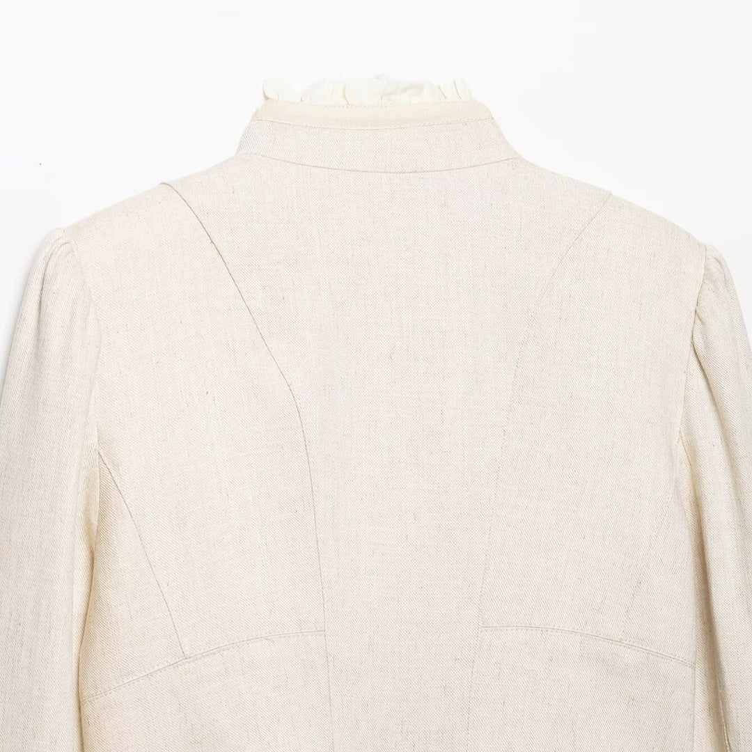 Women Cropped Jacket with Stand Collar, Pleated Sleeves and Ruffle Trim Amarae