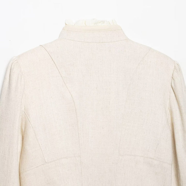 Women Cropped Jacket with Stand Collar, Pleated Sleeves and Ruffle Trim Amarae