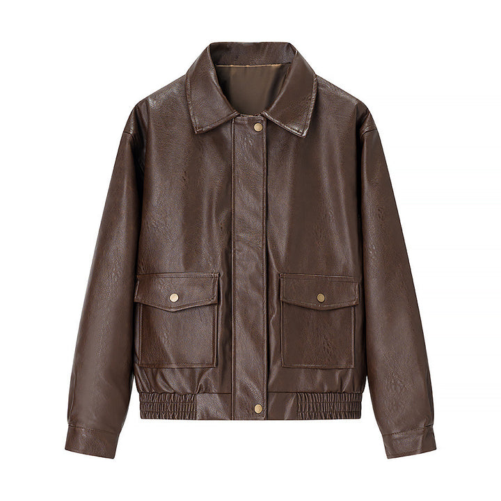 Trendy faux leather jacket for women with practical flap pockets and elastic hem Lune London