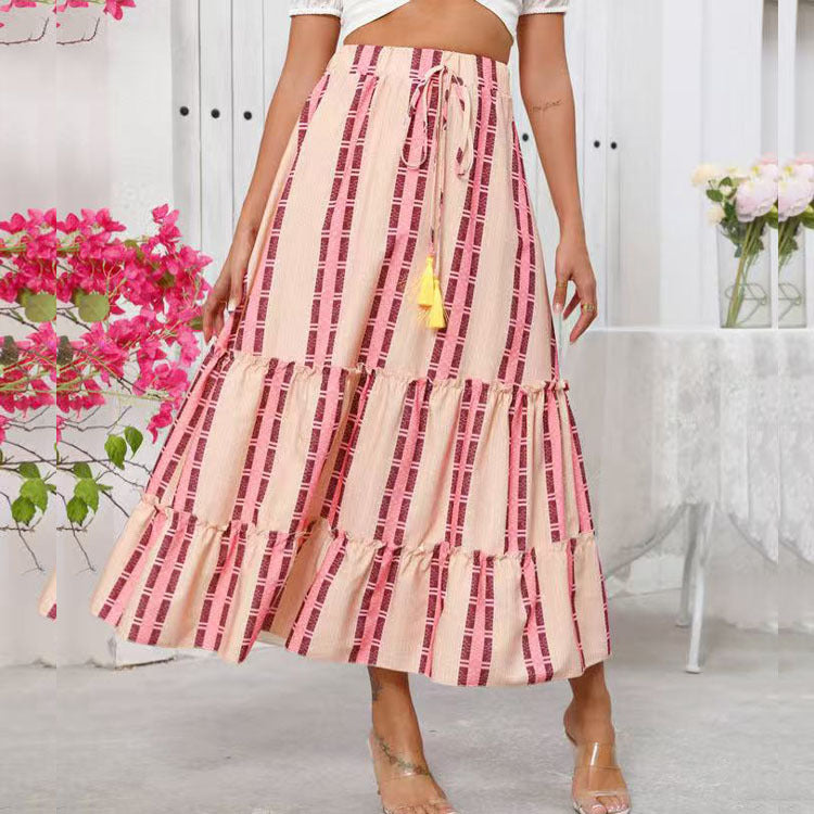 Long maxi skirt for ladies with a cheerful tiered design and elastic waistband Lune London