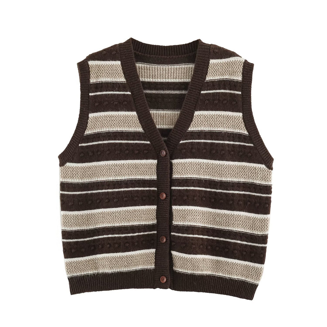 Women's fine knitted vest with V-neck, textured stripes and button placket Amarae