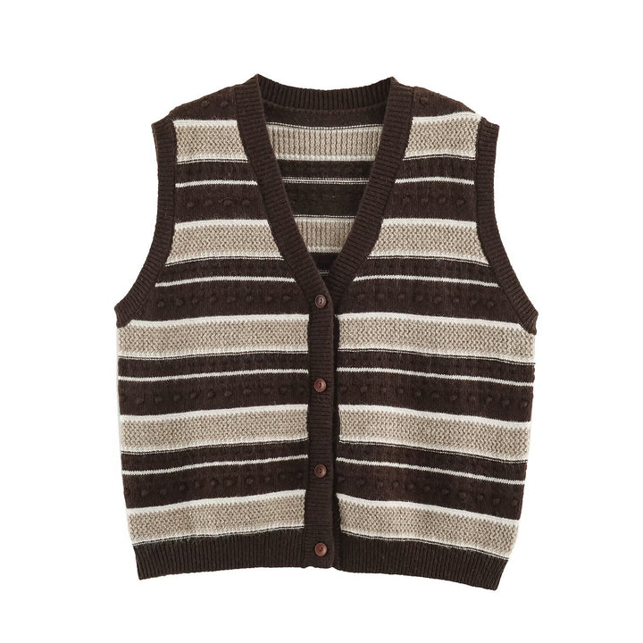 Women's fine knitted vest with V-neck, textured stripes and button placket Amarae