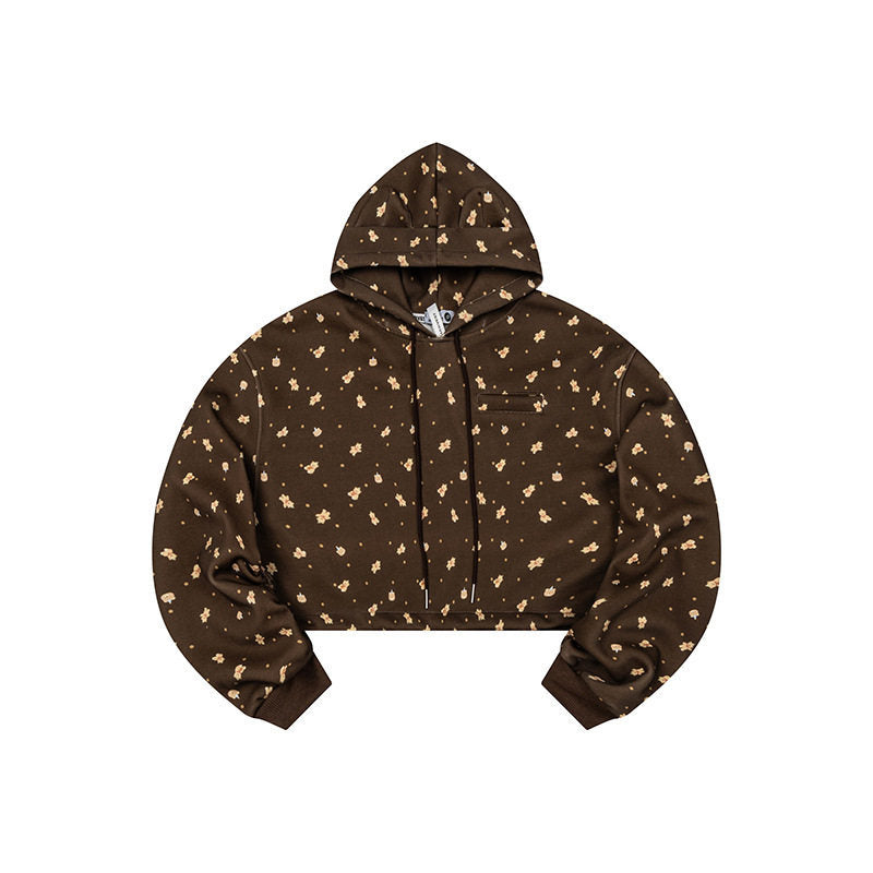Women's Cropped Hoodie Sweatshirt with Allover Floral Print, Chest Pocket and Ruffled Hem Amarae