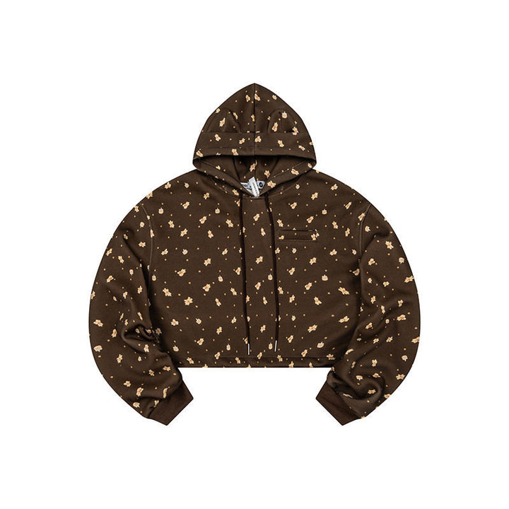 Women's Cropped Hoodie Sweatshirt with Allover Floral Print, Chest Pocket and Ruffled Hem Amarae