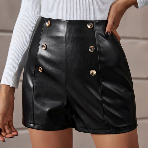 High-waisted leather shorts for women with double button placket Amarae