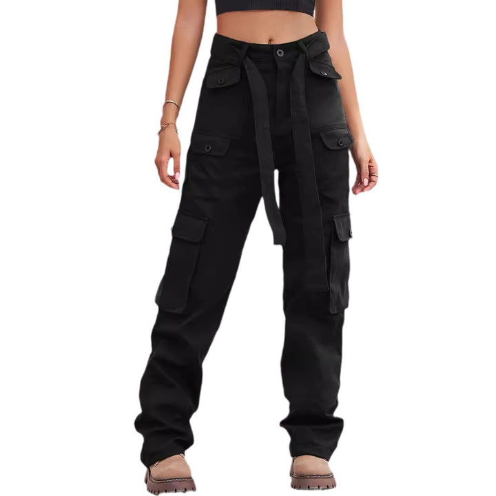 Ladies cargo pants with high waist, tie belt, and multiple flap pockets Amarae