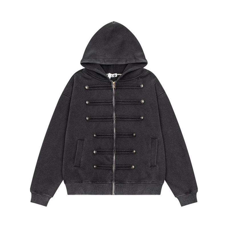 Ladies Hooded Sweat Jacket with decorative Double Button Placket and Zipper Amarae