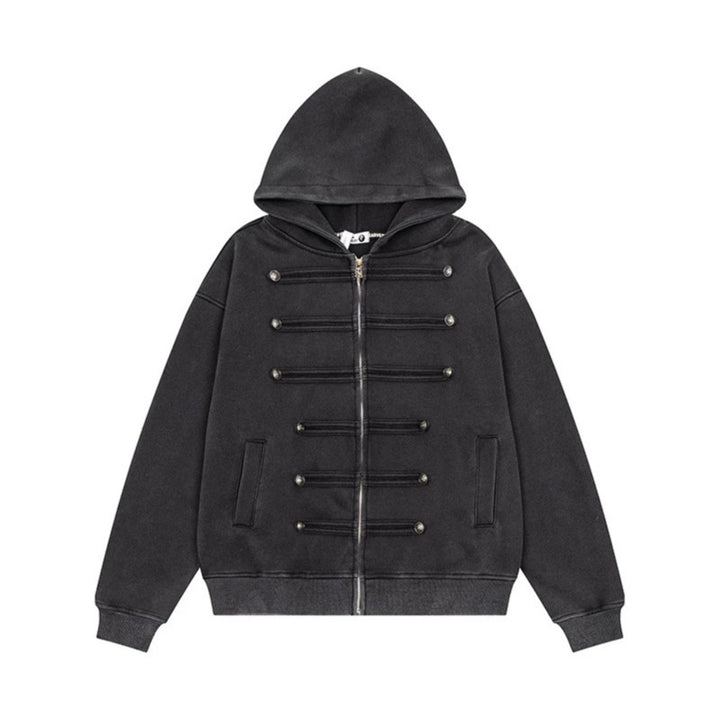 Ladies Hooded Sweat Jacket with decorative Double Button Placket and Zipper Amarae
