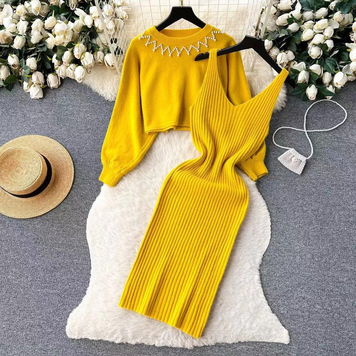 Women’s knitted dress with V-neckline and luxurious details Lune London