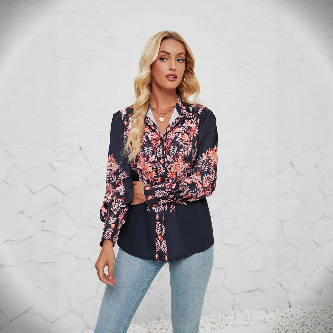 Women's Elegant Blouse with Floral Design and Voluminous Sleeves