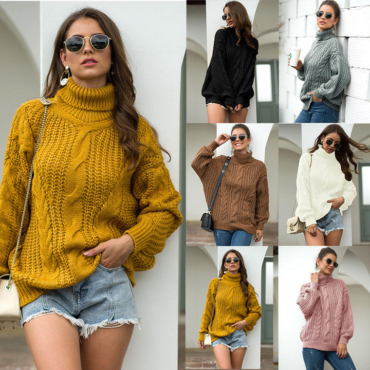 Ladies thick knit sweater with high collar and textured twisted pattern Lune London