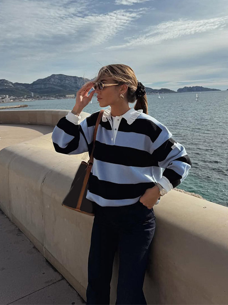 Women's Striped Oversized Rugby Sweater with Ruffle Collar and Polo Button Placket Amarae