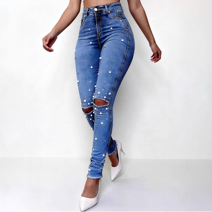 Women Pearl-Embellished High-Waist Skinny Jeans with Sculpting Fit Amarae